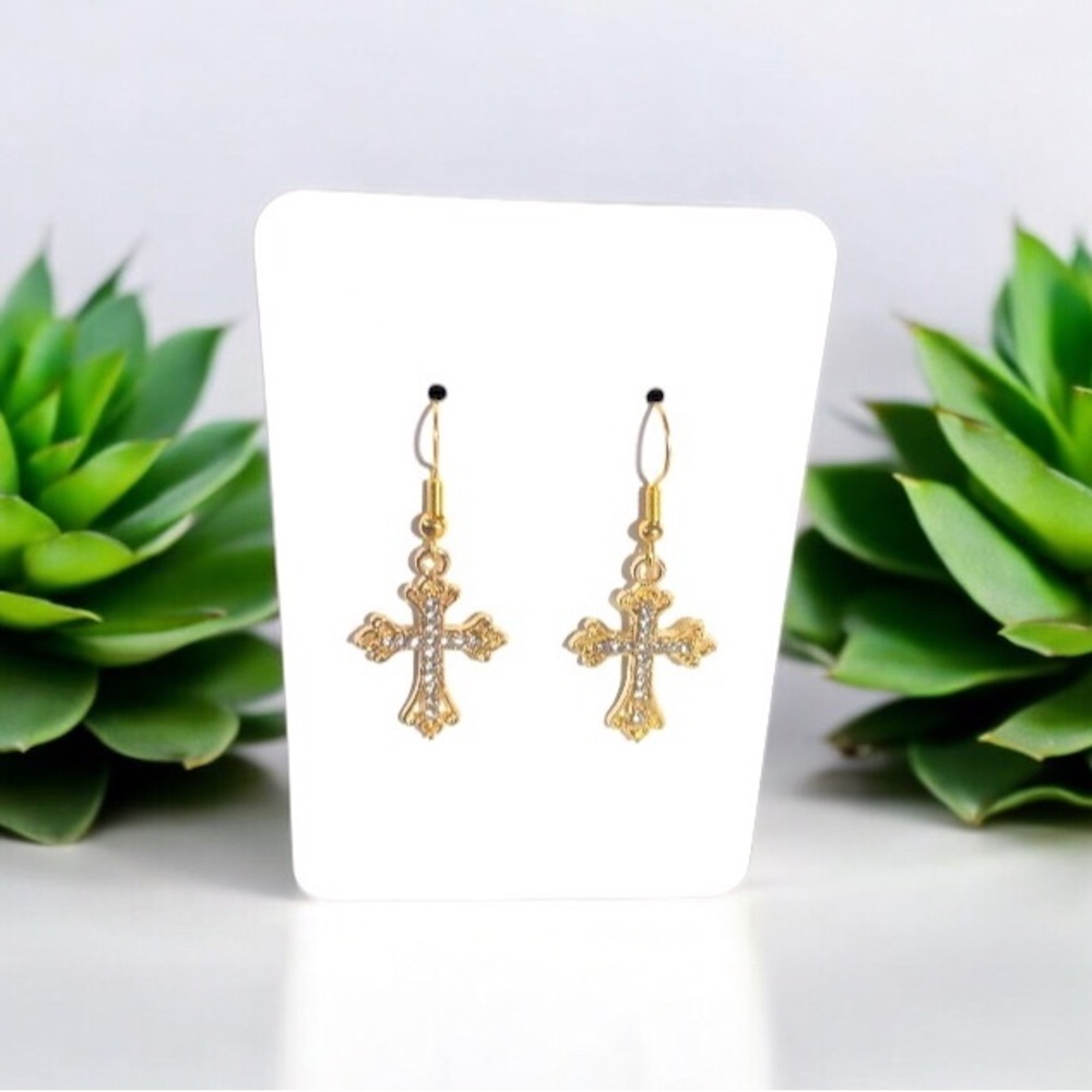 30. Gold Tone Cross Rhinestone Dangle Earrings